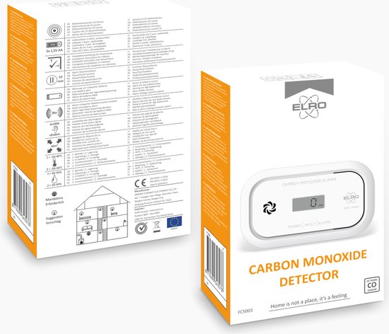 Verpakking van de koolmonoxidemelder met meertalige informatie en de "CARBON MONOXIDE DETECTOR" op de voorkant.