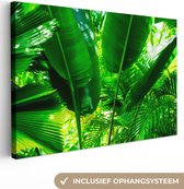 Canvas schilderij 150x100 cm - Wanddecoratie Tropische bladeren in jungle fotoprint - Muurdecoratie woonkamer - Slaapkamer decoratie - Kamer accessoires - Schilderijen