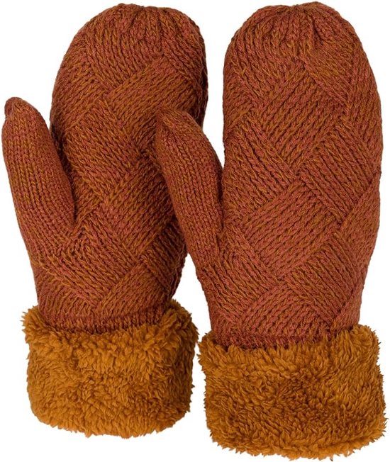 Dames warme winter gebreide wanten, handschoenen met diamantpatroon, thermo fleece, gebreide handschoenen 09010031, cognac.