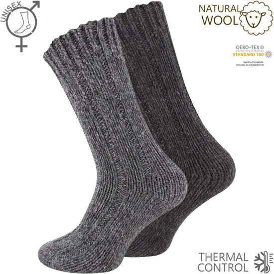 Warme Noorse Wollen sokken - 2 paar - maat 43-46 - Zwart & Grijs - Dikke Huissokken met Schapenwol, Wintersokken Dames/Heren