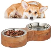 Relaxdays dubbele hondenvoerbak met standaard - eet- en drinkbak - rvs & hout - 1 liter
