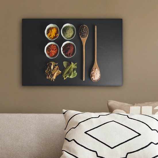 Toile Peinture Louche - Épices - Herbes - Vert - Marron - Rustique - 30x20 cm - Décoration murale