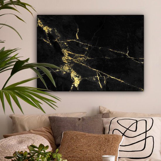 Toile Peinture Marbre - Zwart - Or - Luxe - 80x60 cm - Décoration murale