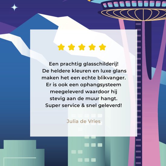 ® Glasschilderij 30x40 cm - Schilderij acrylglas - Illustratie van de Space Needle in de nacht - Foto op glas - Muurdecoratie woonkamer - Wanddecoratie slaapkamer - Schilderijen