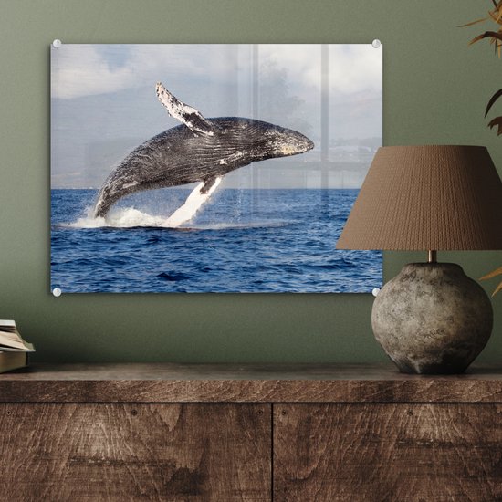 ® Glasschilderij 40x30 cm - Schilderij acrylglas - Een bultrug springend uit het water - Foto op glas - Muurdecoratie woonkamer - Wanddecoratie slaapkamer - Schilderijen