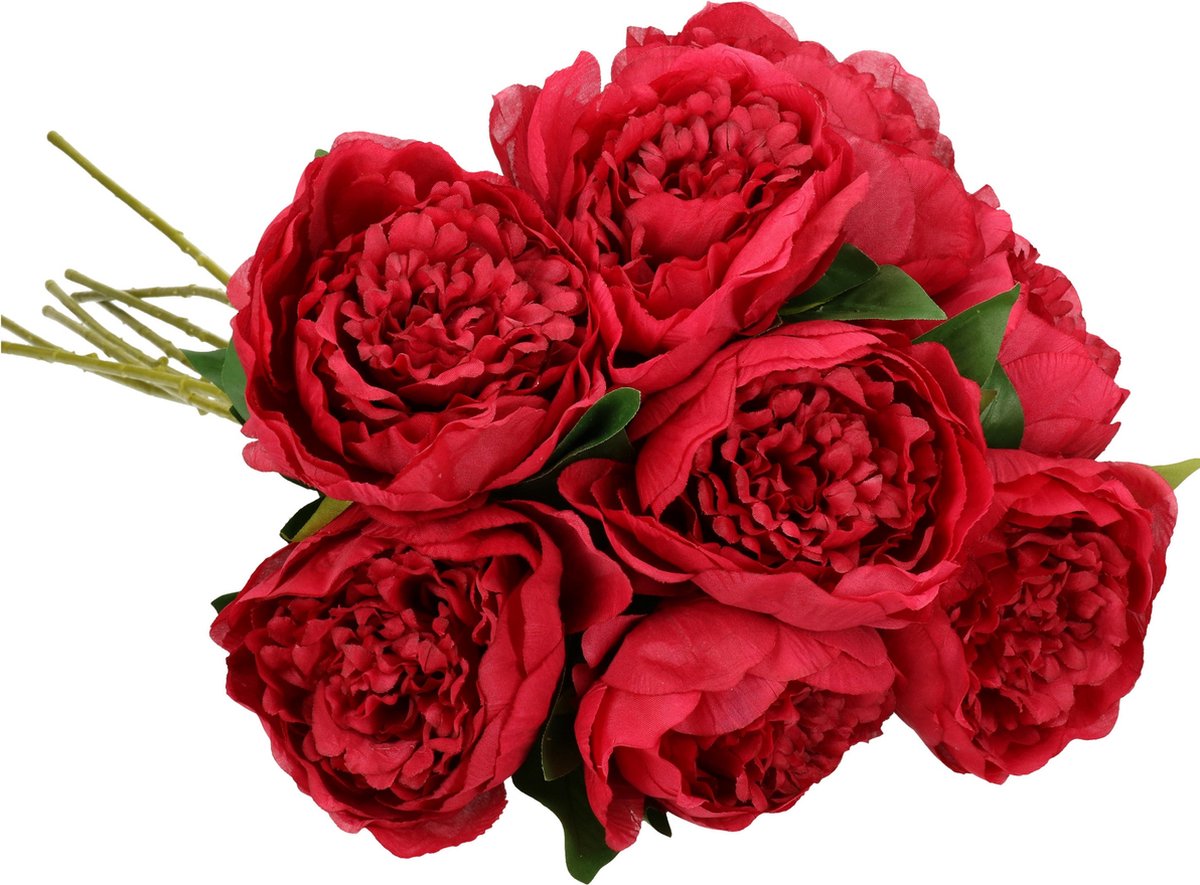 Mica Decorations Kunstbloemen boeket pioenroos - 8x - donker roze - 76 cm - polyester - decoratie bloemen Donkerroze