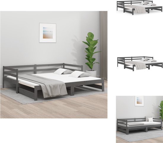 vidaXL Slaapbank Grenenhout - Uitschuifbaar - Grijs - 203.5 x 160 x 56.5 cm - Massief grenenhout - Geen matras - Bed