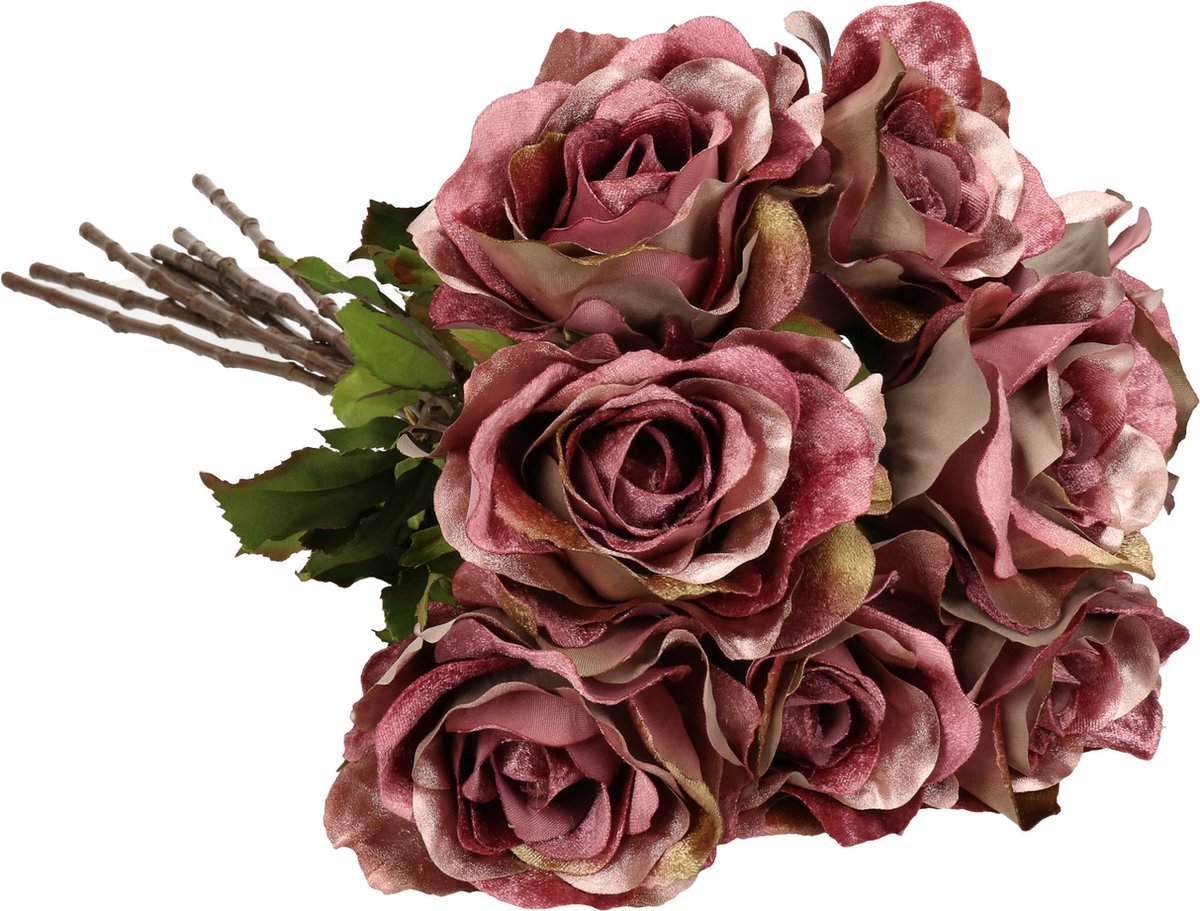 Top Art Kunstbloemen boeket roos Glamour - 8x - donker roze - satijn - 61 cm - decoratie bloemen Donkerroze
