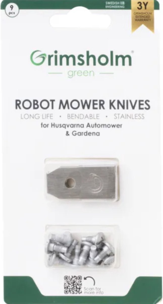 Grimsholm green reservemessen robotmaaier - 9 messen - 9 schroeven - RVS - voor Gardena grasmaaier - voor Husqvarna - 35 x 18 x 0,6mm