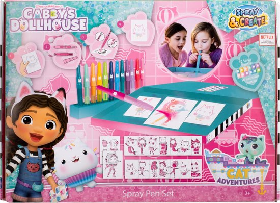 Gabby's Dollhouse - Spray Pen Set Desktop Box (GD23368) - Kleurstiften voor Kinderen - Tekenset met Gekleurde Blaas Pennen en Tekensjablonen