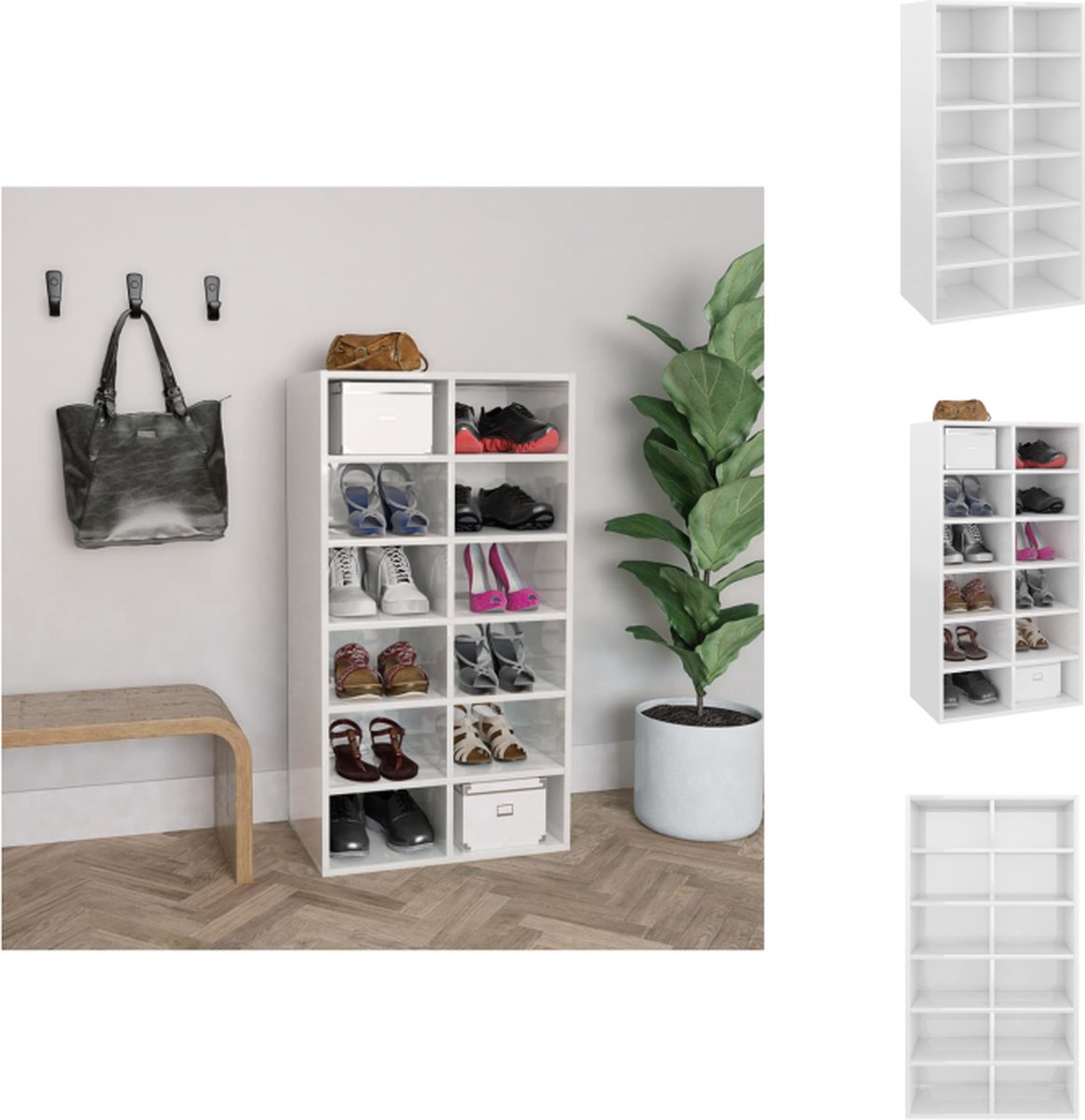 VidaXL Schoenenrek Hoogglans wit 54 x 34 x 100.5 cm Met 12 schappen Schoenenkast