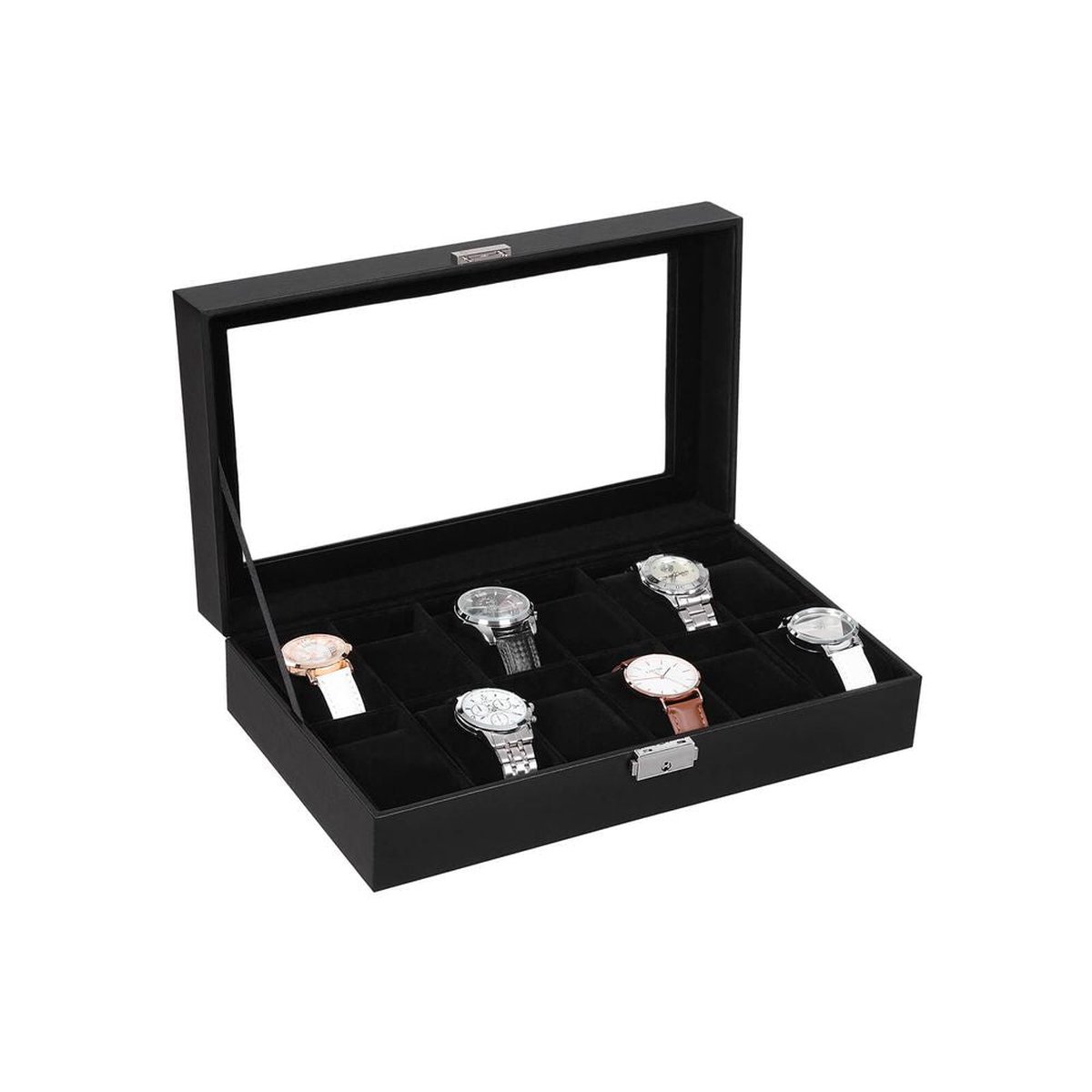 Rootz Horlogedoos - Elegante horlogedoos voor 12 horloges - Horlogeopbergdoos - Luxe horloge-organizer - Reishorlogekast - Horlogedoos met meerdere sleuven - MDF-platen - Zwart - 30 x 21 x 8,5 cm (L x B x H)