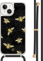 Casimoda® hoesje met zwart koord - Geschikt voor iPhone 14 - Bee Happy - Afneembaar koord - TPU/acryl - Zwart