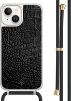 Casimoda® hoesje met zwart koord - Geschikt voor iPhone 14 - Croco Zwart - Afneembaar koord - TPU/acryl - Zwart