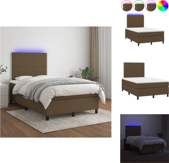 vidaXL Boxspring LED - 203 x 120 x 118/128 cm - donkerbruin - Pocketvering matras - Huidvriendelijk topmatras - Bed
