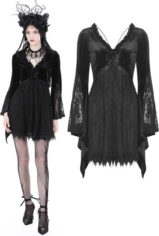 Dark in Love - Gothic sexy lace big sleeve fake two pcs velvet Korte jurk - L - Zwart