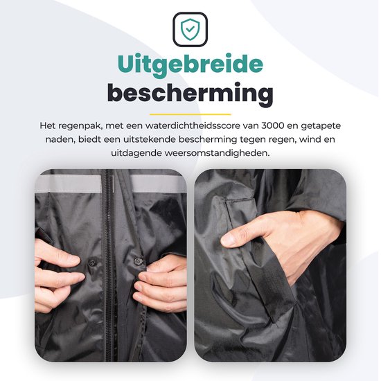 Detailfoto's van een zwart regenpak: de sluiting met drukknoppen en een diepe zak. De tekst "Uitgebreide bescherming" staat erboven.
