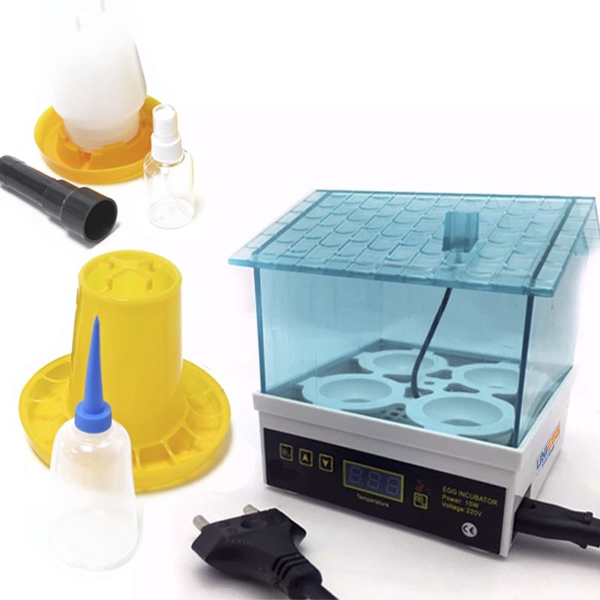 UniEgg® Broedmachine inclusief 5-delig set - voordeelpak (6) - voor 4 tot 7 eieren - met spuitflesje schouwlampje drinkbakje voersilo en spuitflacon - UNIEGG Systems™