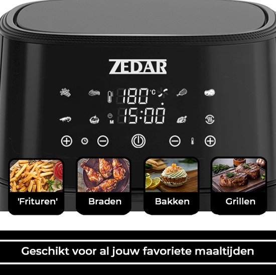 Zedar AF600 Airfryer XXL - Met APP - Groot 8 Liter - Heteluchtfriteuse - Zwart - Digital Touchscreen - 50 voorgeprogrammeerde gerechten - Zedar