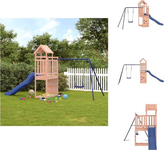 vidaXL Speeltoren - 424 x 186 x 214 cm - Massief douglashout - Inclusief glijbaan en schommel - Speeltoestellencombinatie