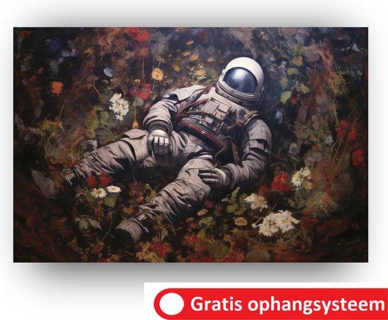 astronaut - schilderij - Schilderij astronaut - Schilderij Bloemen - Schilderij portret astronaut - Bloemen astronaut - 70 x 50 cm Met baklijst