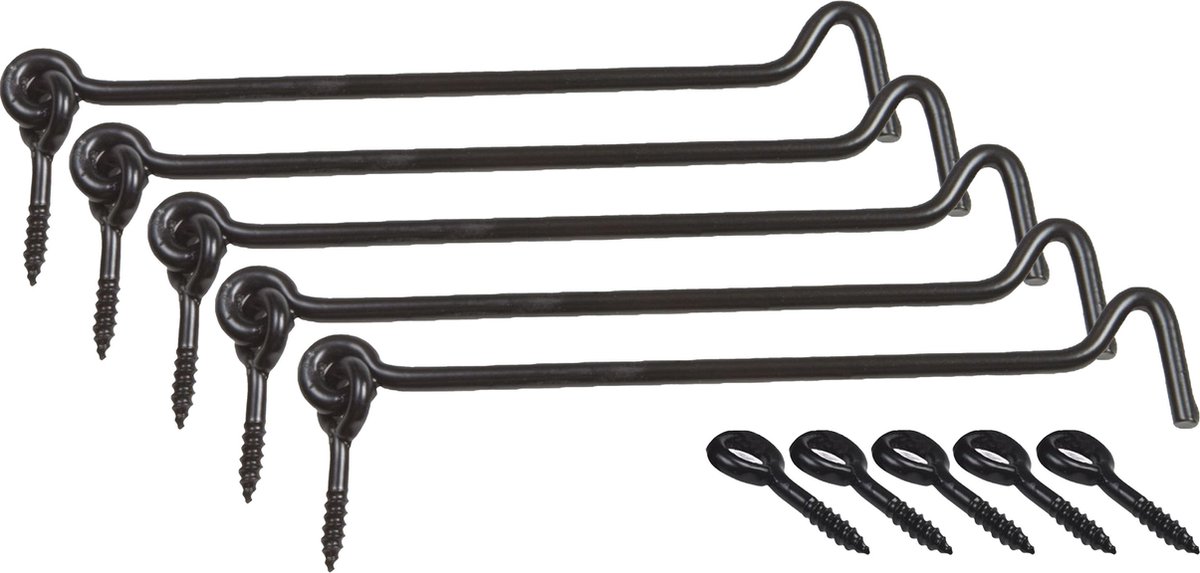 AMIG windhaak / windhaken - 5x - staal - zwart - L25 cm - D6 mm - met schroefoog