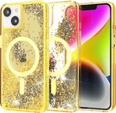 Hoesje geschikt voor iPhone 14 Plus Geel Transparant Hoes - Met Bewegende Glitters - Magsafe