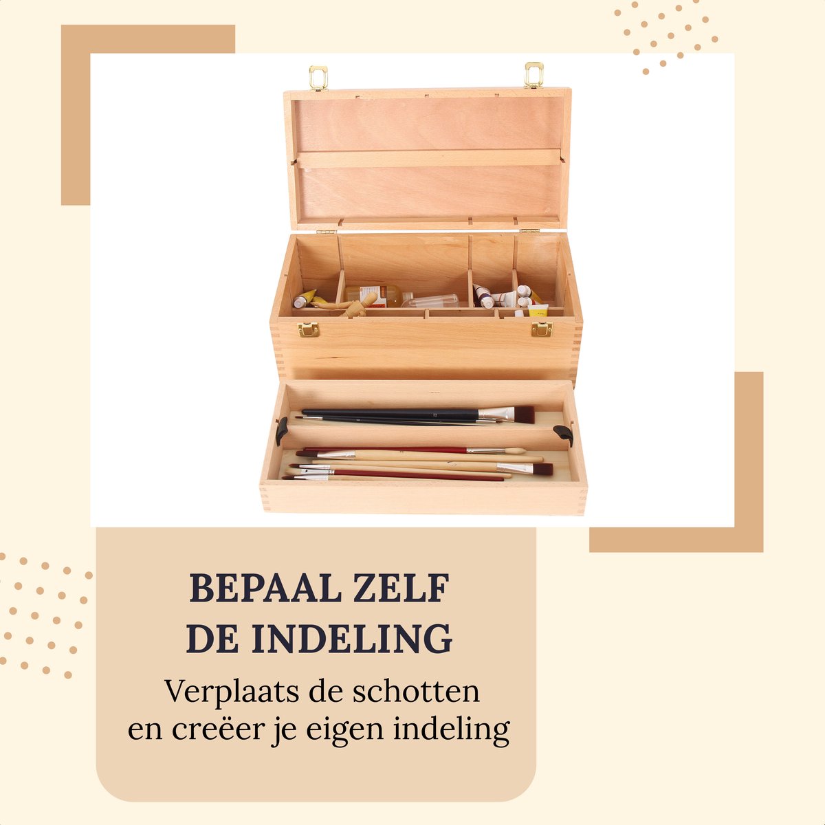 Opbergdoos voor kunstbenodigdheden met uitneembare scheidingswanden, van hoogwaardig beukenhout, kunstgereedschapskist voor pastelpotloden, potloden, pennen (2 laden 40 x 25,5 x 6,8 cm