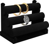 Kurtzy Zwart Velours Armbanden Display Standaard (3 Laags) – L30 x B17 x H23 cm – Verwijderbare Sieraden Organizer Rek – Horloges, Polsbanden, Enkelbanden, Scrunchie, Haarbanden & Ketting Houder