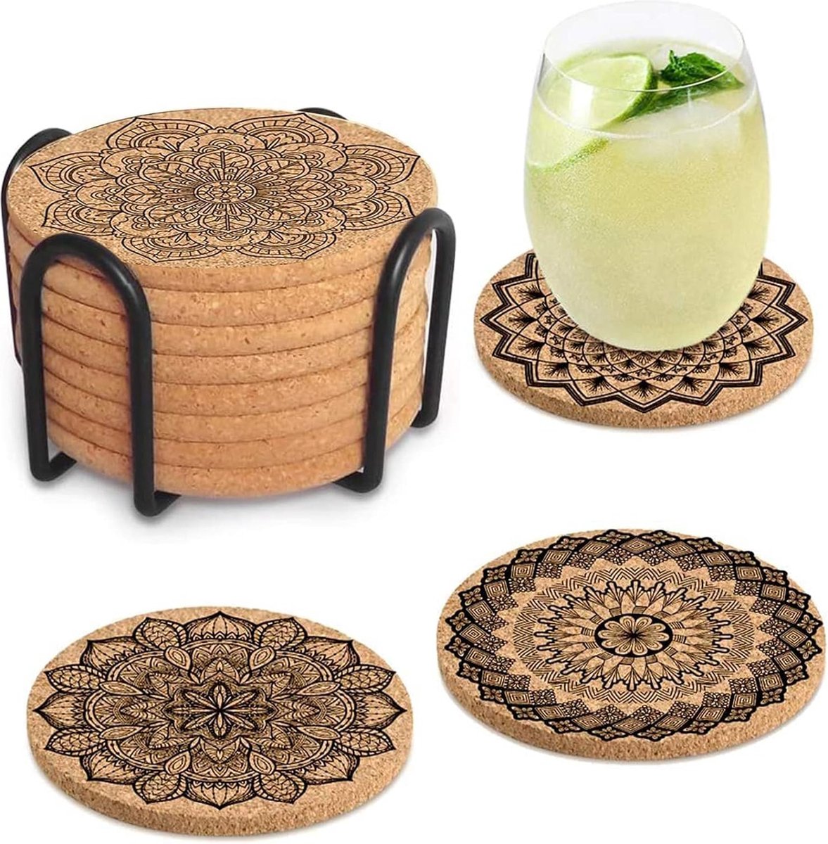24 Dessous De Verre Autocollants En Liège Naturel - Ronds 8x8x1 Cm - Résistants Chaleur - Pour Tables Et Décoration