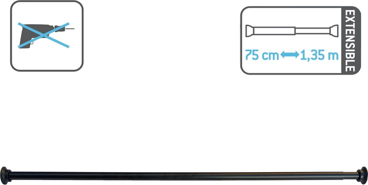 Uittrekbare douchegordijnstang zonder boren, telescopische stang, zwart, aluminium,... bol