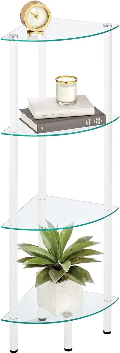 Kast met 4 glazen planken – hoekkast van metaal en glas – vitrinekast voor de woonkamer of het kantoor – wit transparant