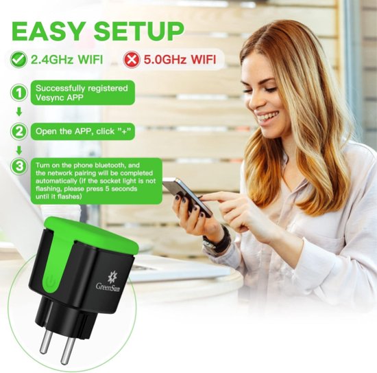 GreenSun WiFi Stopcontact Slim - 2 Stuks Met Timer, Stroommeter, Alexa & Google Home, 16A Smart Plug