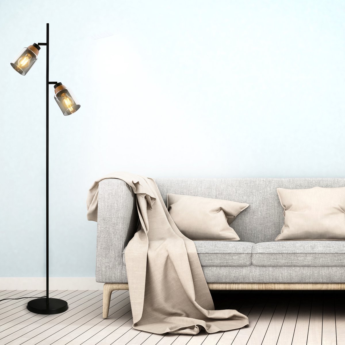 BRILONER - Vloerlamp voor woonkamer, leeslamp, woonkamerlamp, woonkamerlamp, houten vloerlamp, boho, slaapkamerdecoratie, vloerlamp, E27 fitting, zwart- hout