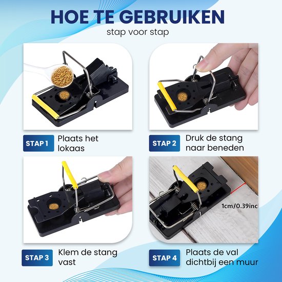 Vier stappen voor het gebruik van een muizenval: 1. Lokken, 2. Stang naar beneden drukken, 3. Stang vastklemmen, 4. Plaatsen bij een muur.