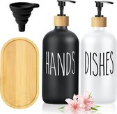 Glazen zeepdispenserset, 500 ml zeepdispenser zwart en wit mat badkamerset met bakje en trechter, shampoolotion handzeepdispenser voor keukenwerkblad