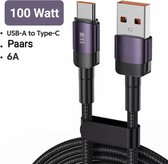 Snellader - 100 watt - 6A - USB Type C - USB A 2.0 - paars - "MULTIPLAZA" - 1 meter - telefoonlader - 4.8Gbps - gevlochten nylon