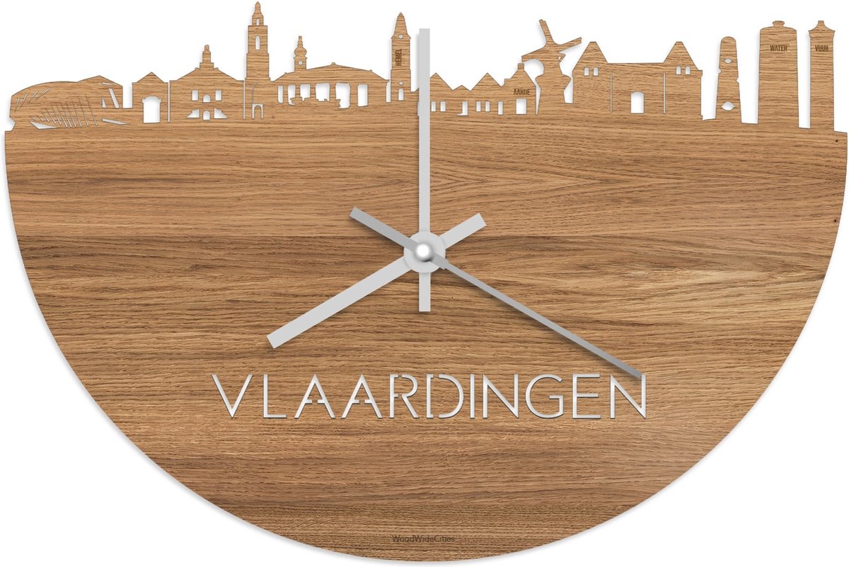 Skyline Klok Vlaardingen Eikenhout - Ø 40 cm - Stil uurwerk - Wanddecoratie - Meer steden beschikbaar - Woonkamer idee - Woondecoratie - City Art - Steden kunst - Cadeau voor hem - Cadeau voor haar - Jubileum - Trouwerij - Housewarming -