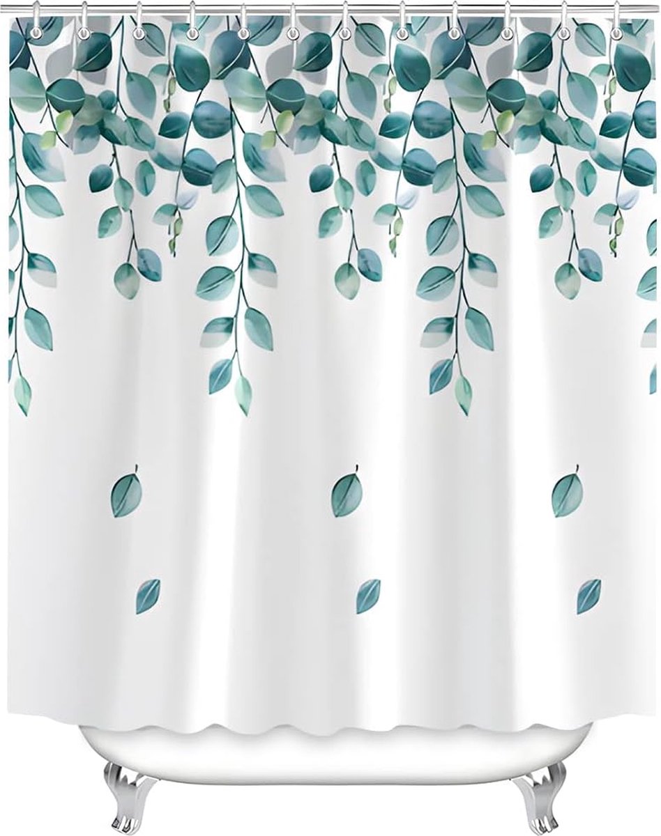 Douchegordijn 180 x 200 cm, groene bladeren, plant verzwaarde zoom