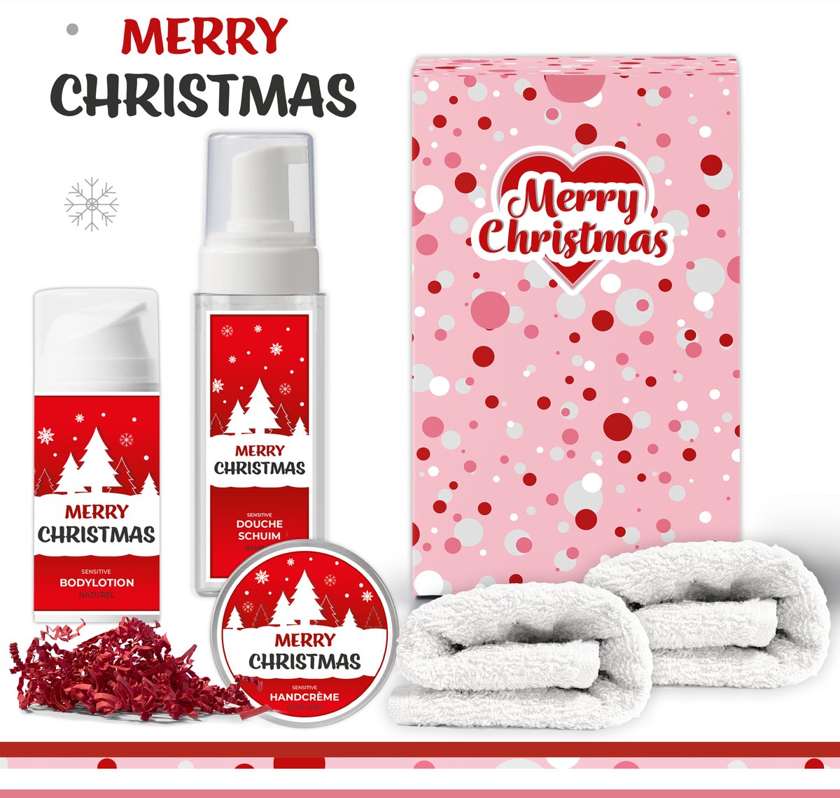Geschenkset “Merry Christmas!” - 5 producten - 610 gram - Triomf Cosmetica | Giftset voor haar Luxe cadeaubox Wellness Set Cadeaupakket Cadeau vrouw Vriendin Zus Moeder Mama Kerstpakket Kerstcadeau Grijs Kerstboom Kerst Geschenk Roze Rood