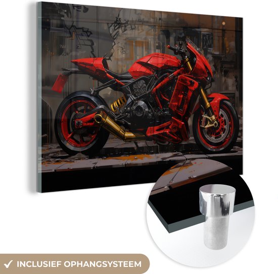 MuchoWow® Glasschilderij 30x20 cm - Schilderij glas - Motor - Bike - Rood - Zwart - Graffiti - Straat - Foto op acrylglas - Schilderijen