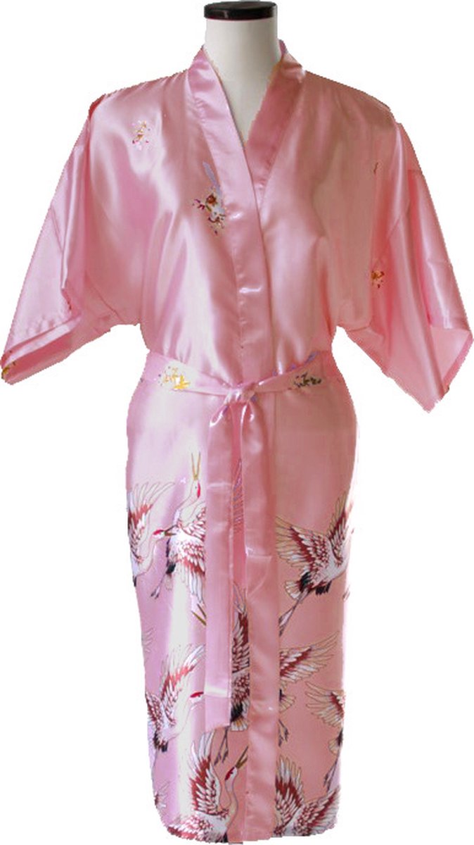 TA-HWA - Dames Kimono Kort- met Kraanvogels - Roze - Maat S