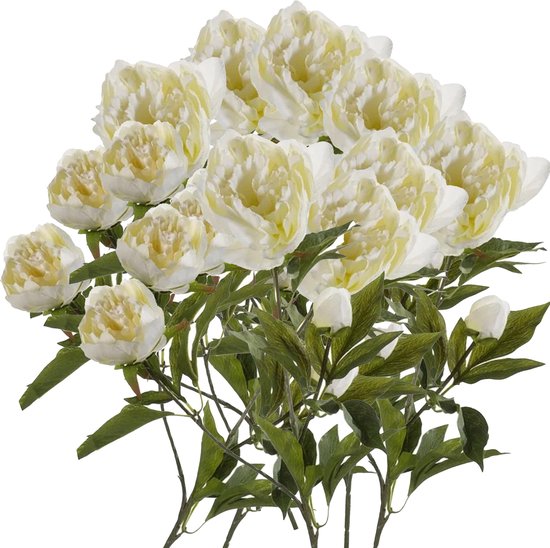 Emerald Kunstbloemen boeket pioenrozen - 8x - 3 bloemen - wit - 70 cm - decoratie