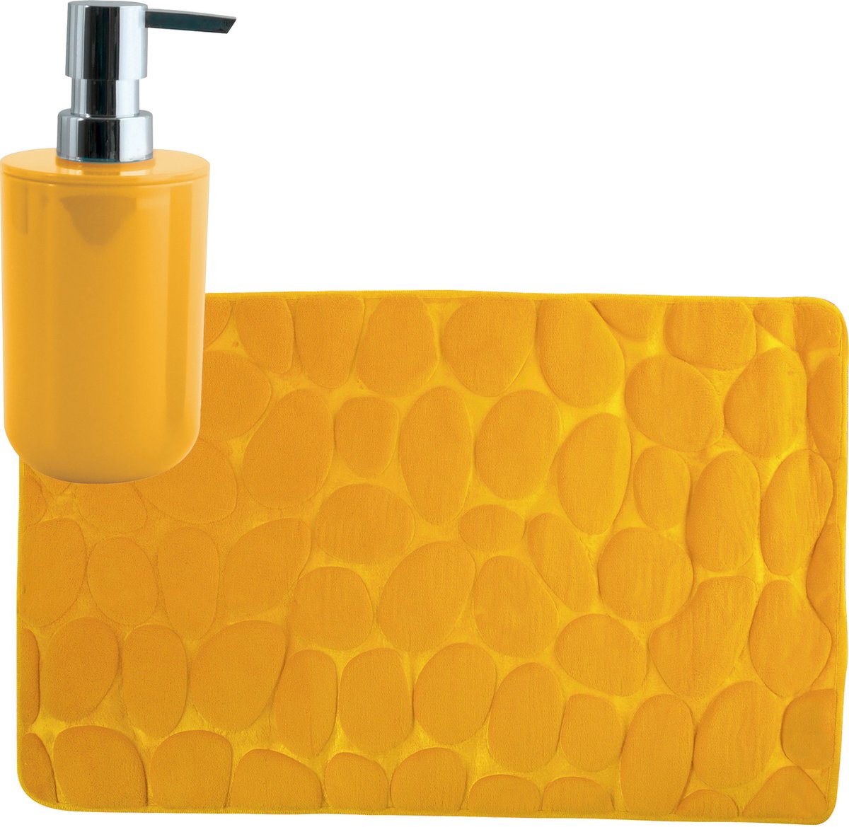 MSV badkamer droogloop mat tapijt Kiezel motief 50 x 80 cm zelfde kleur zeeppompje 260 ml saffraan geel