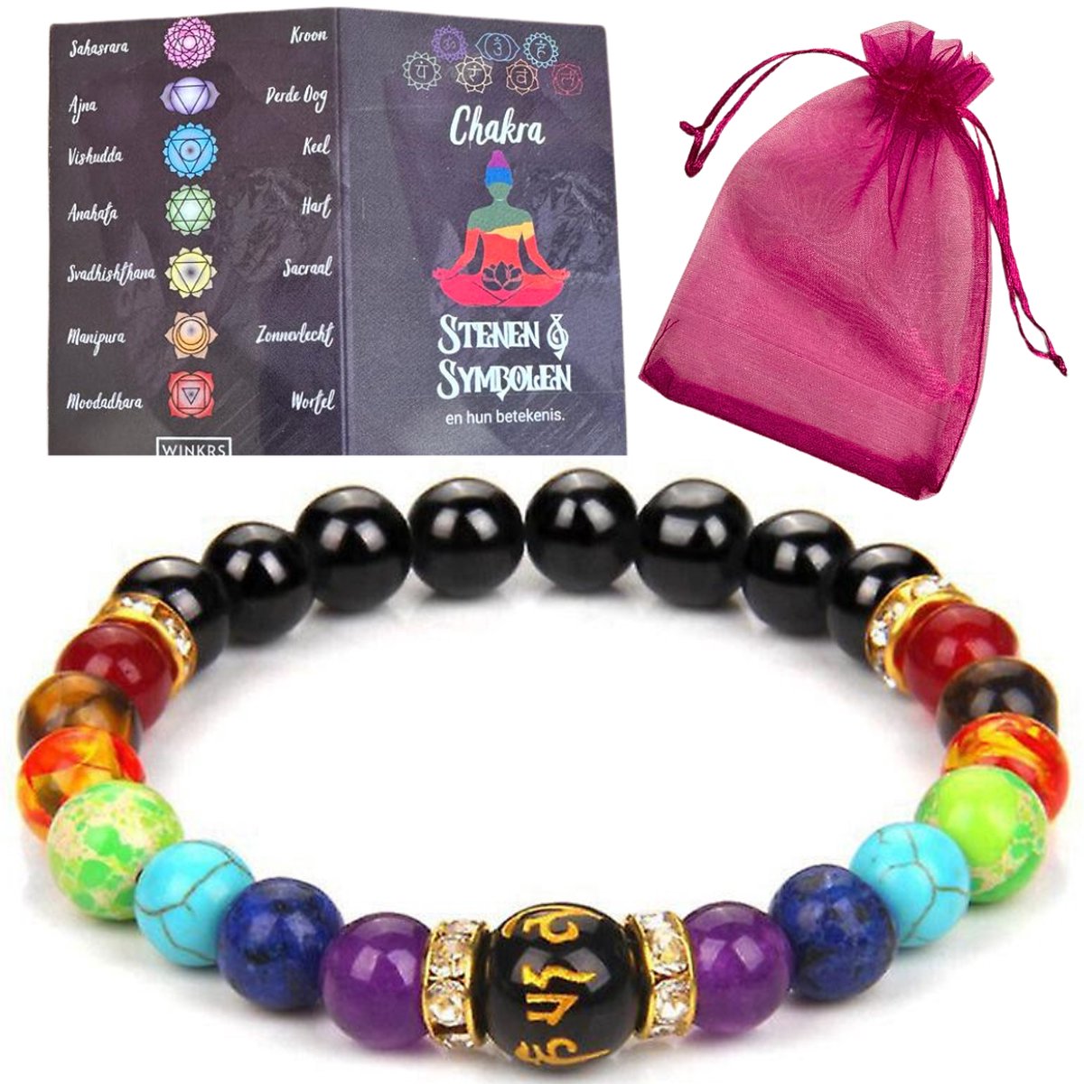 Chakra Armband 14 gekleurde stenen en gouden spacers met strass - 18CM - Stretch kralenarmband in cadeau zakje