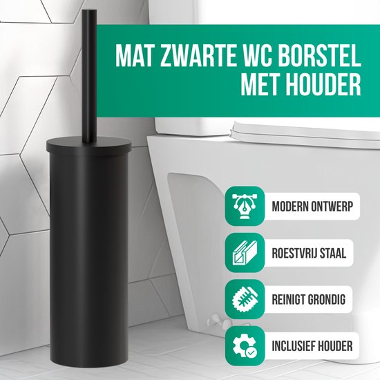 EXLECO 2-delige toiletborstelset met 2 reserveborstels zonder boren, klostel en roestvrijstalen houder, set voor wandmontage en staand met deksel, lange steel voor badkamer | Mat Zwart EXLECO 2-delige toiletborstelset met 2 reserveborstels zonder boren, klostel en roestvrijstalen houder, set voor wandmontage en staand met deksel, lange steel voor badkamer | Mat Zwart