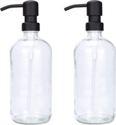 Set van 2 amber dik glas 500ml glazen zeepdispenser met zwarte roestvrij stalen pomp zeepdispenser voor vloeibare zeep voor badkamer