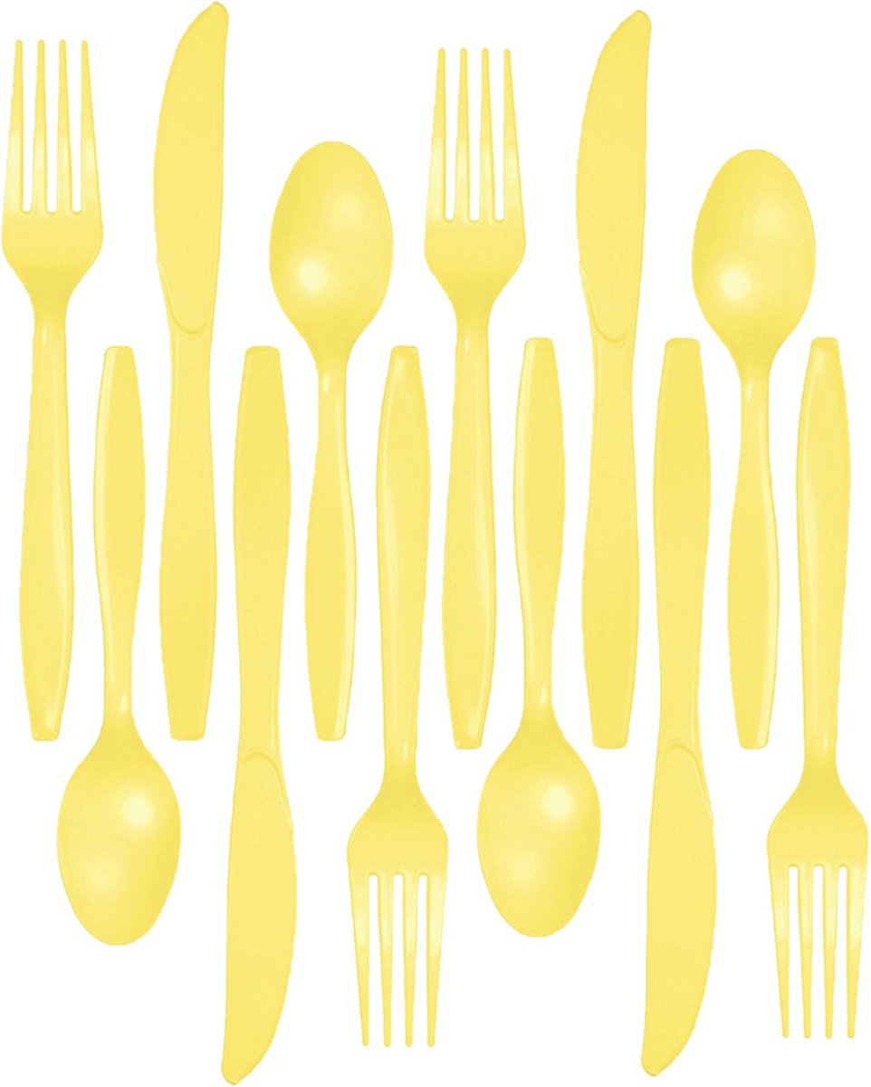 Kunststof bestek party bbq setje 96x delig geel messen vorken lepels herbruikbaar