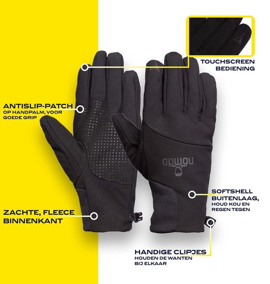 Zwarte softshell handschoenen met anti-slip patch, fleece voering, touchscreen bediening en handige clipjes.