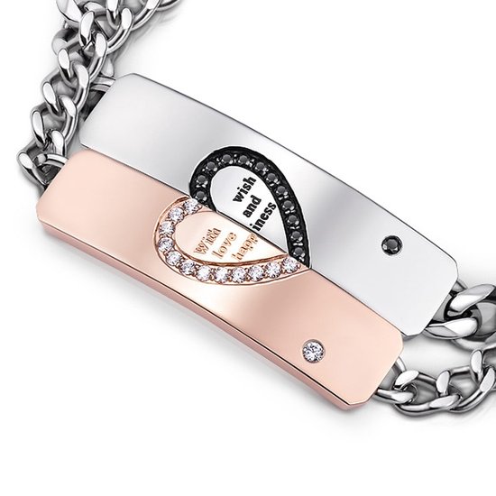 Deux bracelets: un or rose avec pierres de cœur blanches et texte, et un argenté avec pierres de cœur noires et texte.